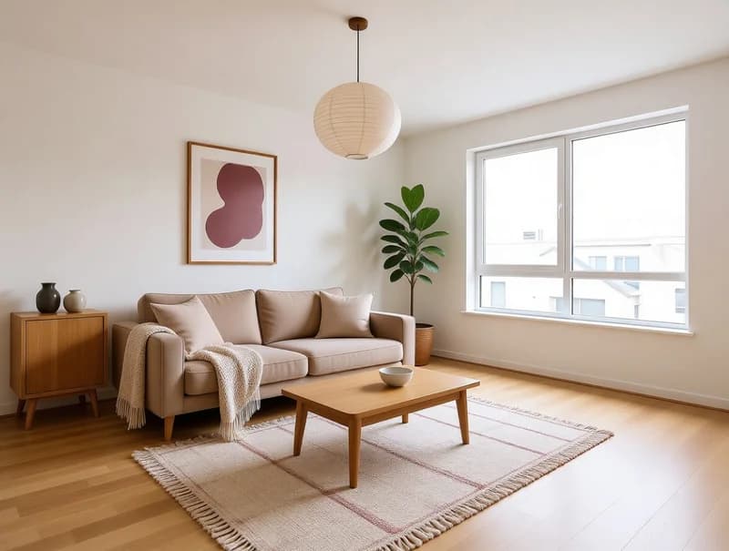 The same room furnished with a sofa, rug, table and plant