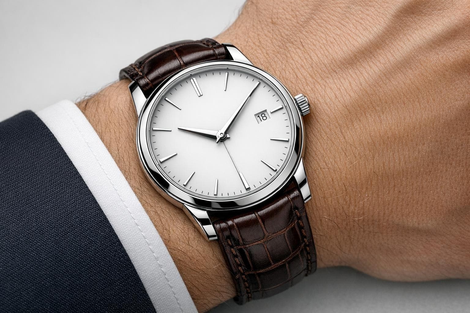 Steel wristwatch on a dark leather strap, before the edit