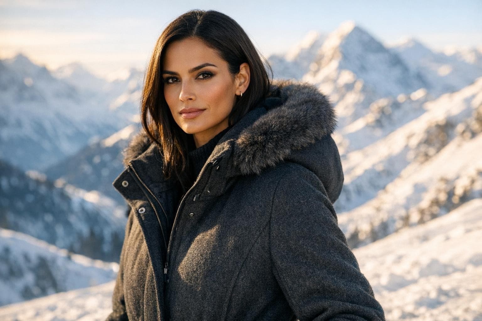 The same woman in a Winter Alps setting