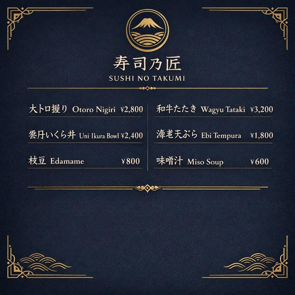 Sushi restaurant menu with Japanese and English dish names and yen prices