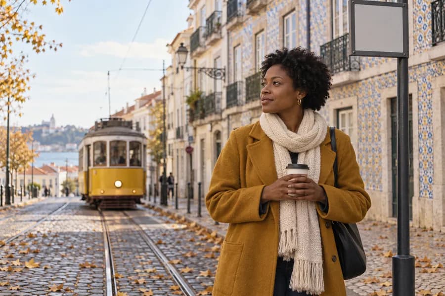 A woman with short curls in a mustard coat and cream scarf holds a coffee at a Lisbon tram stop in autumn, a yellow tram behind her.