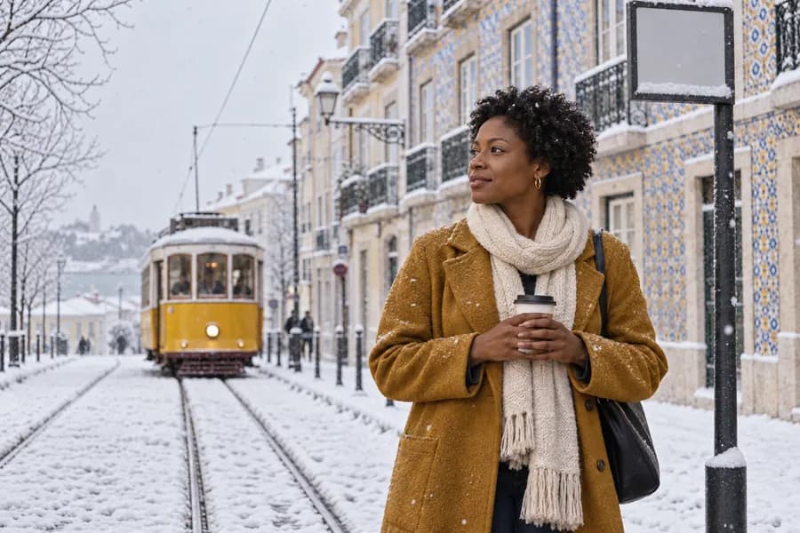 The same woman, pose and tram, now in falling snow with snow on the cobbles, tracks and rooftops.