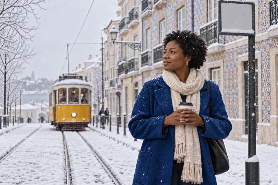 The winter scene again with her coat now cobalt blue; face, scarf, coffee and tram unchanged.