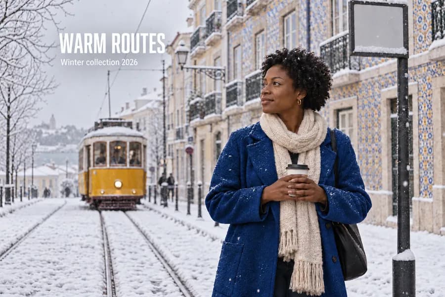 The finished campaign image: the same snowy scene with the headline WARM ROUTES and Winter collection 2026 set in white in the sky.
