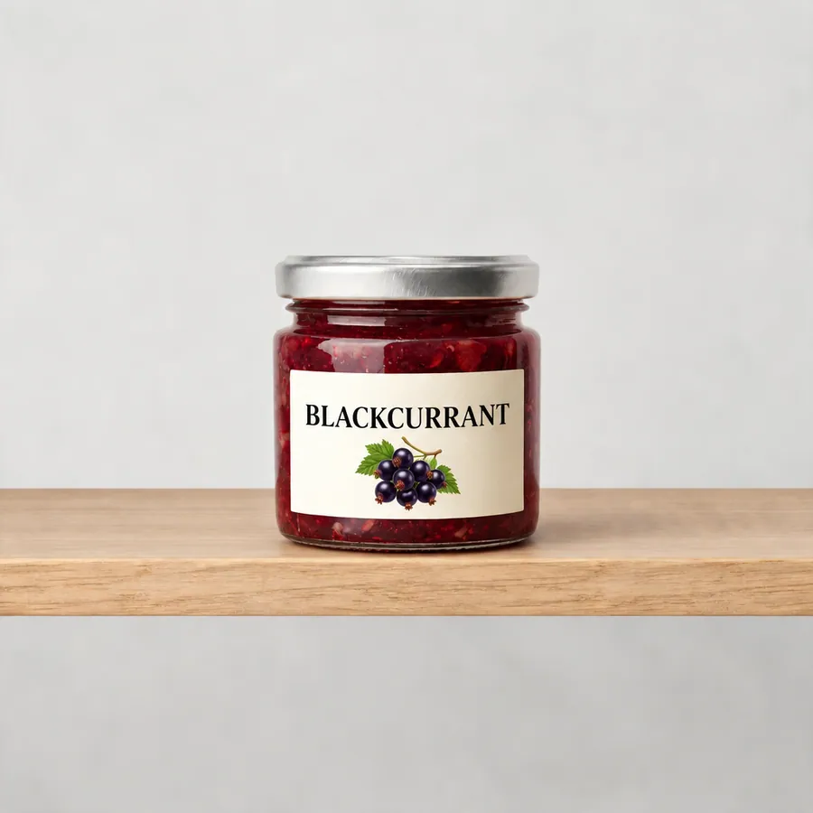 The edit: the same jar, shelf and light, with the label now reading BLACKCURRANT above a sprig of blackcurrants.