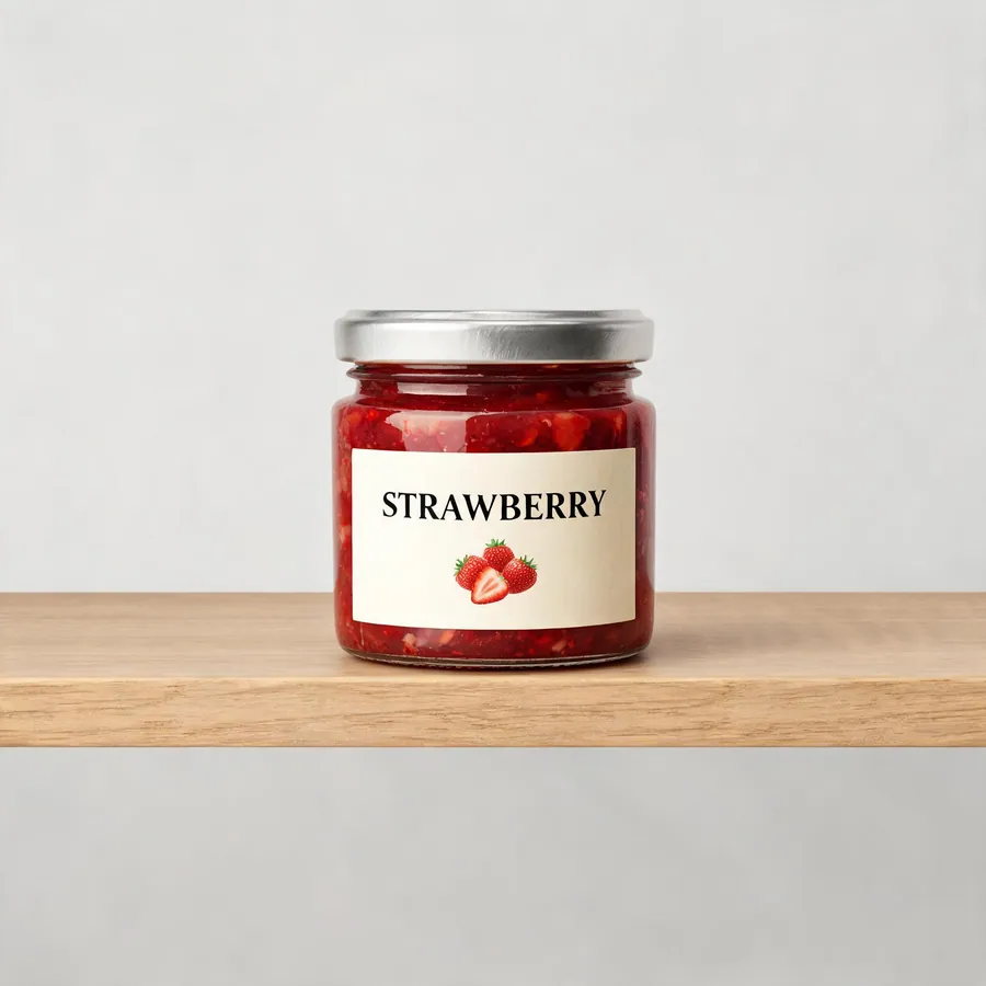 Input photo: a jar of strawberry jam on a wooden shelf, its label reading STRAWBERRY above three strawberries.