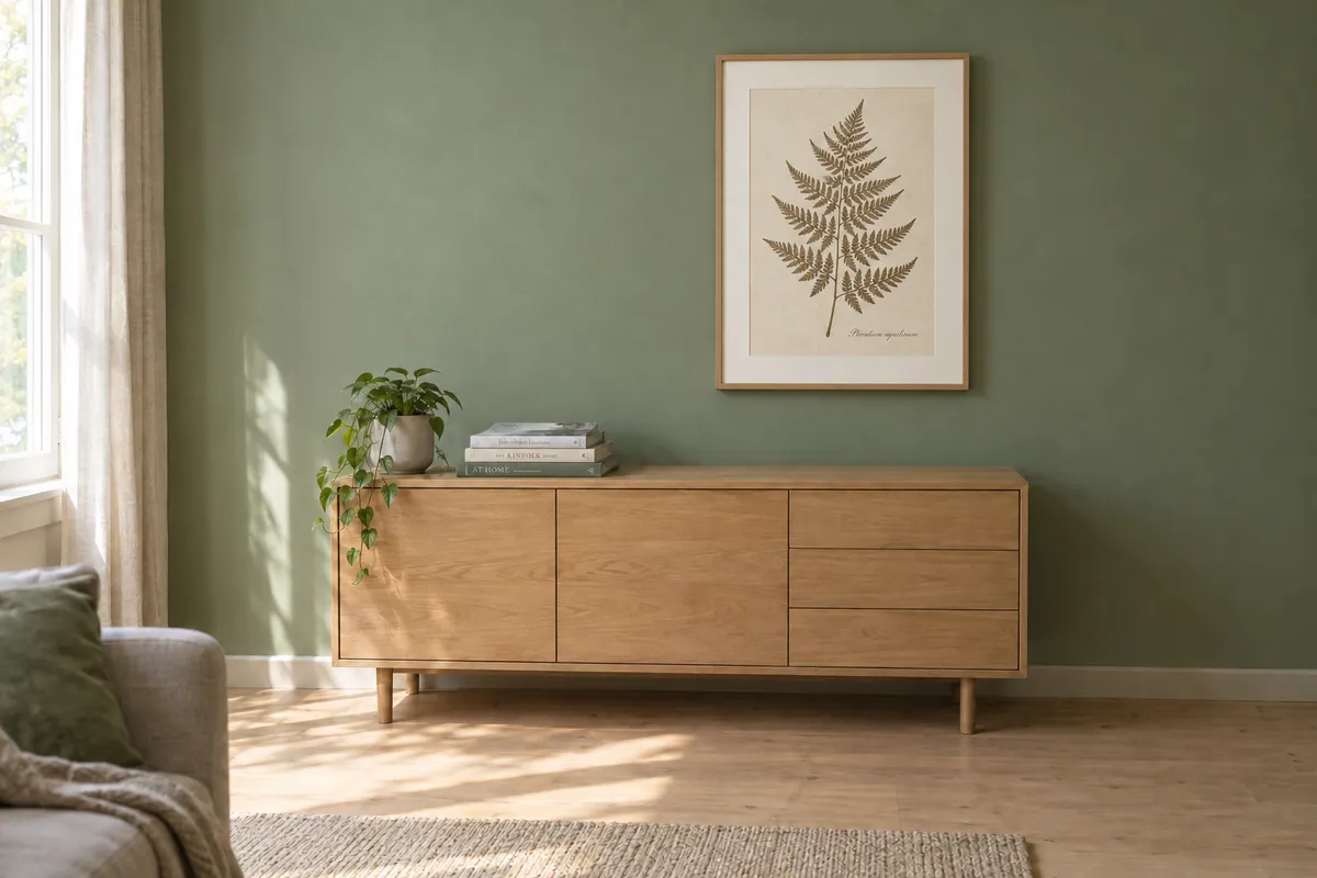 The edit: a framed fern print now hangs on the wall above the sideboard, lit like the rest of the room.