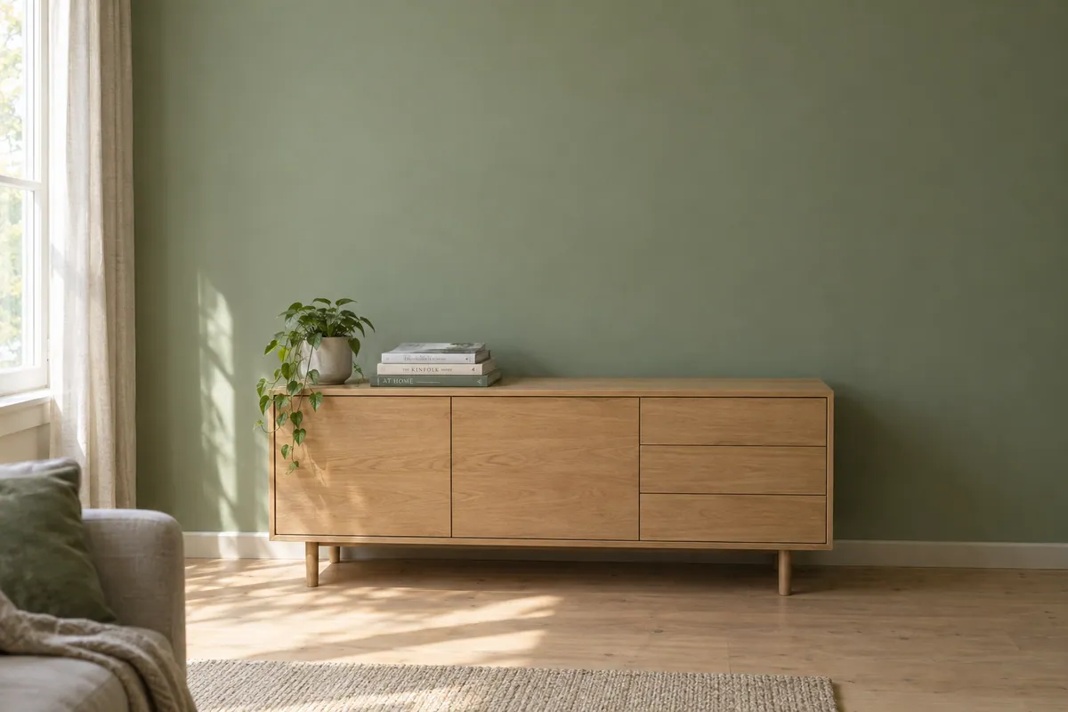 Input photo: a sage-green living room wall above an oak sideboard with a plant and books, the wall bare.