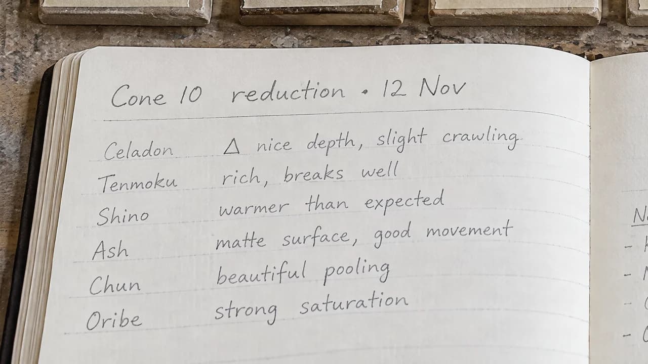 Detail at 100% from the 4K original: the notebook's pencil notes per glaze, such as Celadon, nice depth, slight crawling, and Shino, warmer than expected.