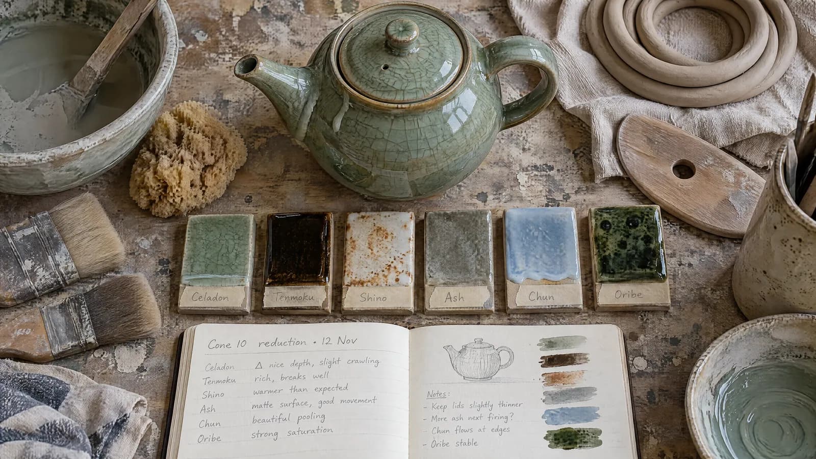 A ceramicist's table from above: a celadon teapot with crackle glaze, six labelled glaze test tiles and an open notebook headed Cone 10 reduction, 12 Nov.