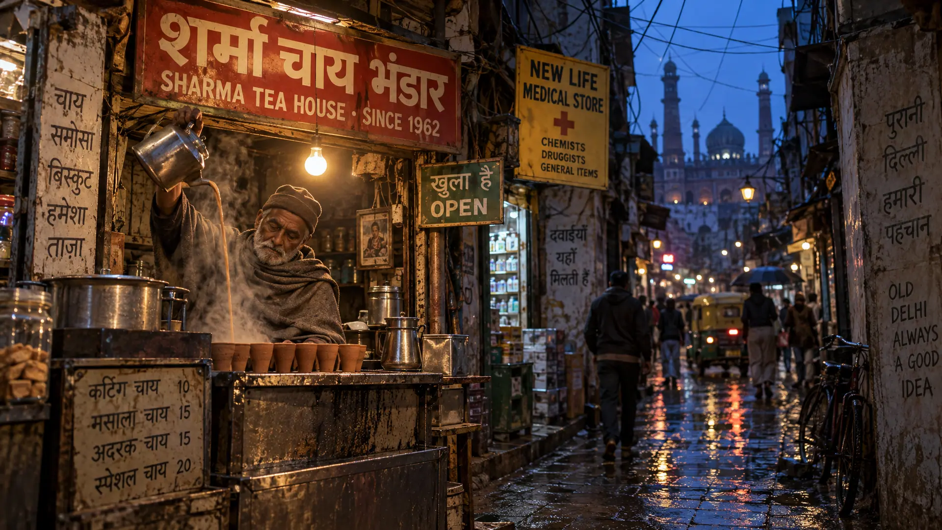 A lane in Old Delhi at blue hour: a tea seller pours chai under a red sign reading Sharma Tea House in Hindi and English, with more hand-painted signs in both scripts.