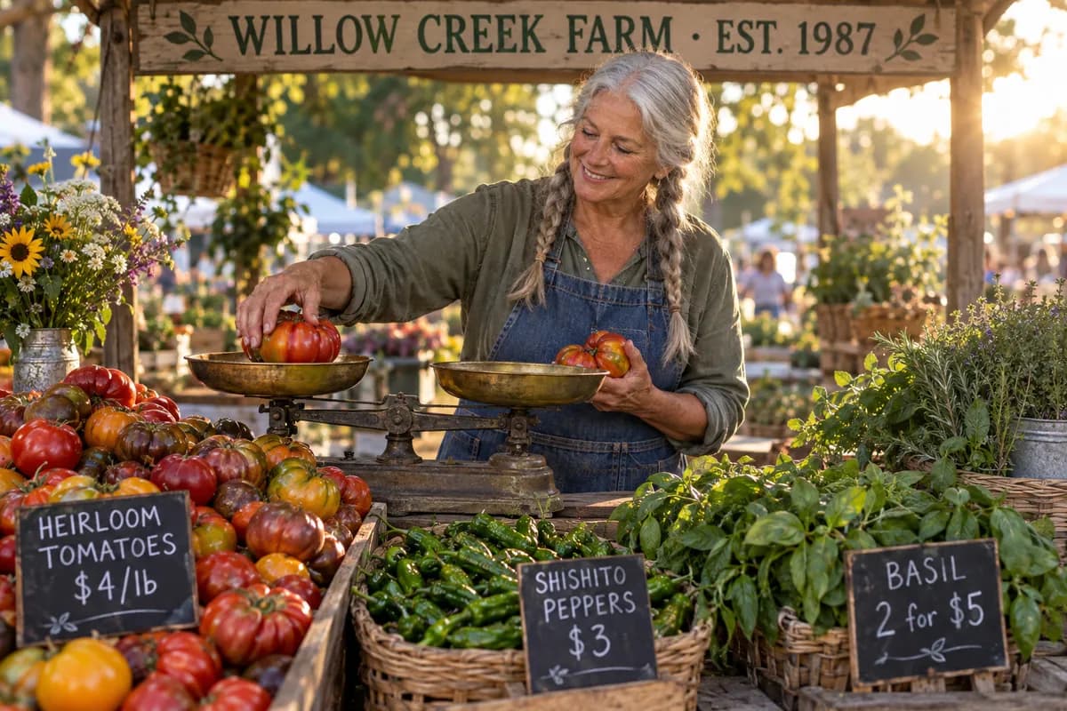 GPT Image 2.5 Flare: a smiling stallholder with silver braids weighs tomatoes at the Willow Creek Farm stall, chalk tags for tomatoes, shishito peppers and basil.