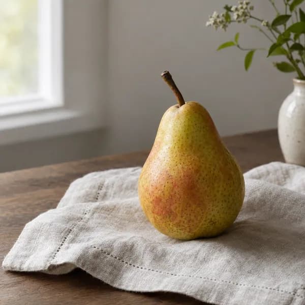 GPT Image 2.5 Flare at high quality: a speckled pear on a linen napkin by a window.