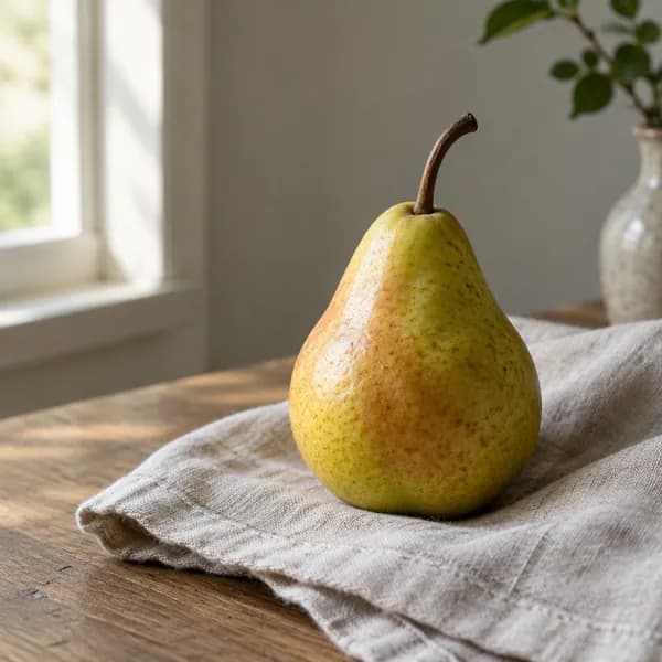 Low quality: a pear on a linen napkin by a window.