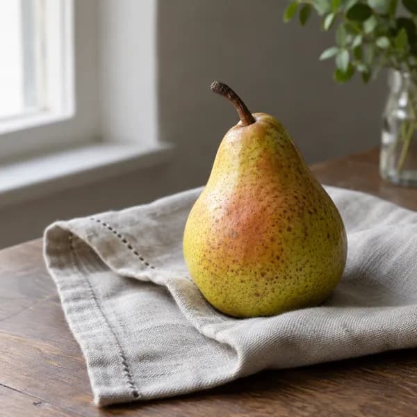 Medium quality: the same pear prompt, with finer speckles on the skin and a hemstitched napkin.