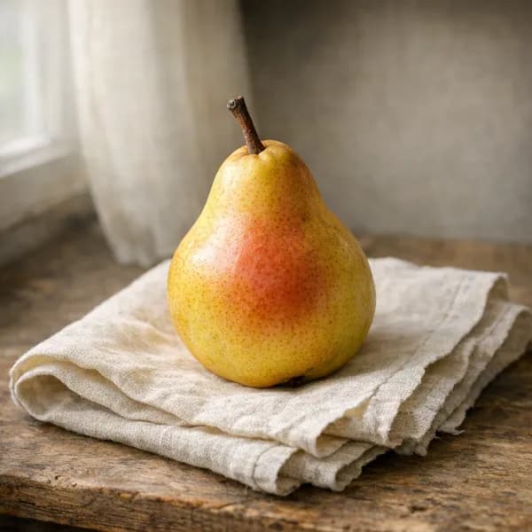 GPT Image 1.5 at high quality: the same pear prompt, on a folded napkin by a curtain.