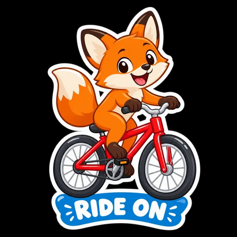 A die-cut sticker of an orange fox riding a red bicycle above a blue RIDE ON banner, on a transparent background.