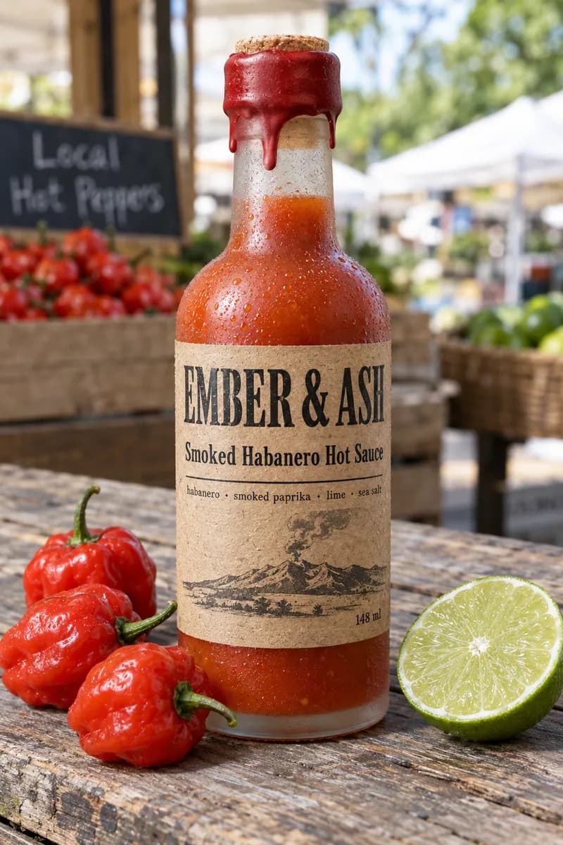 A hot sauce bottle with a kraft label reading Ember and Ash, Smoked Habanero Hot Sauce, habanero, smoked paprika, lime, sea salt, 148 ml, next to habaneros and half a lime.