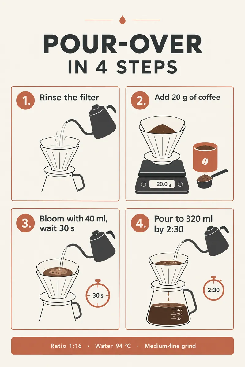An infographic titled Pour-over in 4 steps: rinse the filter, add 20 g of coffee, bloom with 40 ml and wait 30 s, pour to 320 ml by 2:30, with ratio 1:16, water 94 °C and a medium-fine grind.