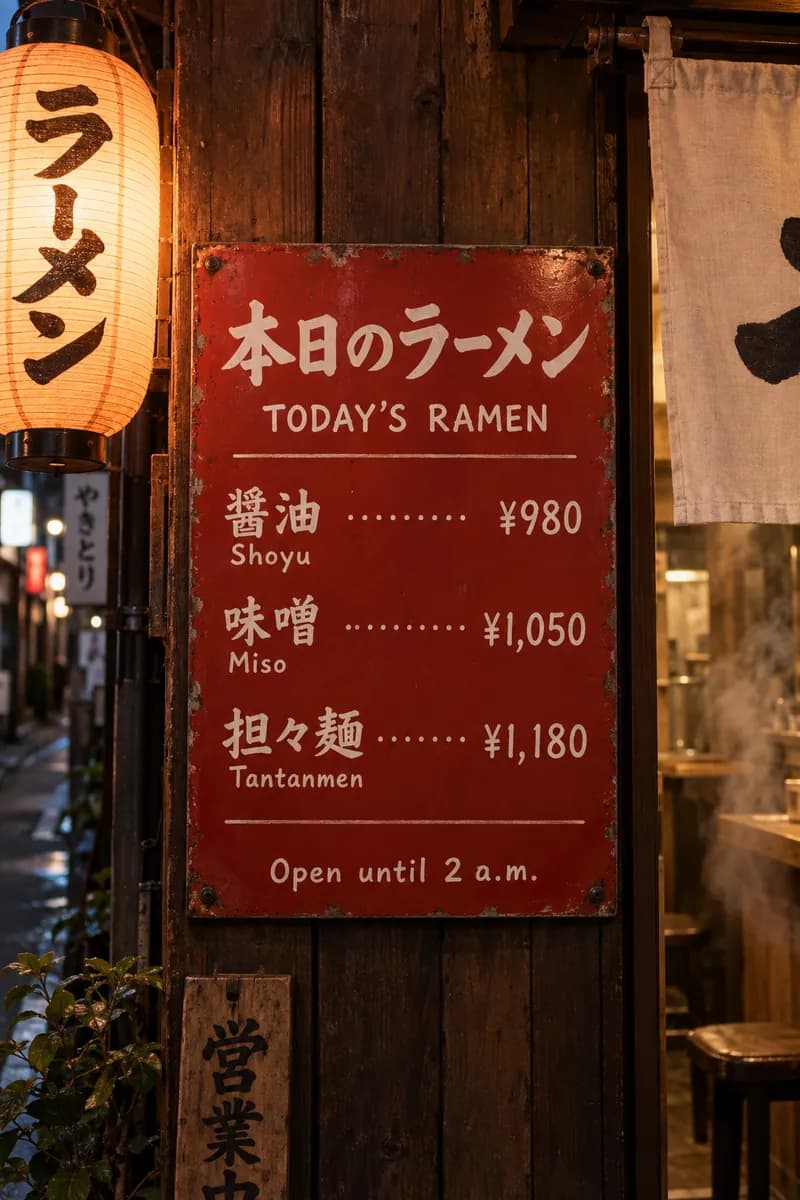 A red enamel ramen shop sign in Japanese and English reading Today's Ramen, with Shoyu at 980 yen, Miso at 1,050 yen and Tantanmen at 1,180 yen, and Open until 2 a.m.