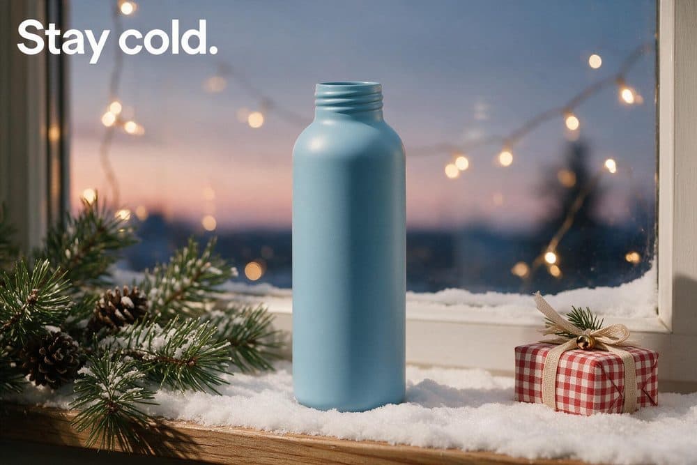 A blue water bottle on a snowy window ledge with string lights