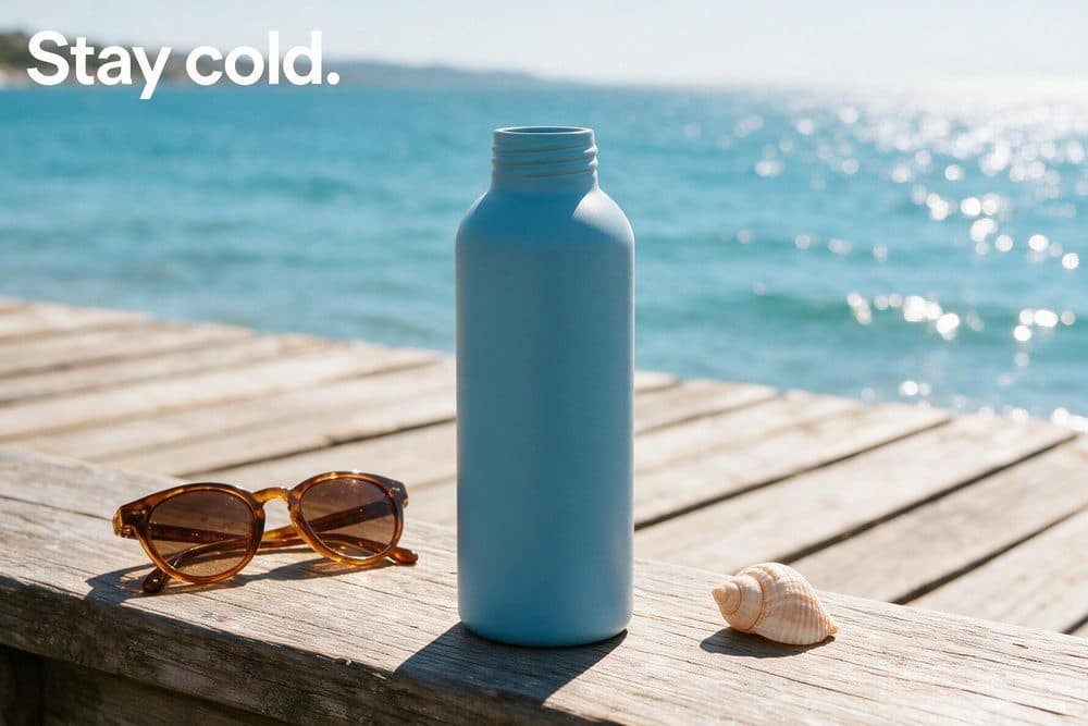 A blue water bottle on a beach boardwalk with the tagline Stay cold