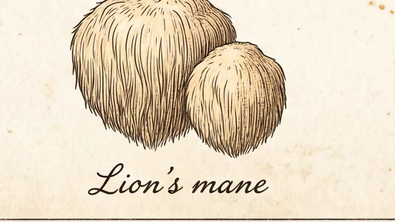 A full-resolution crop of the 4K plate: the lion's mane mushroom drawn in fine ink strokes above its handwritten caption.