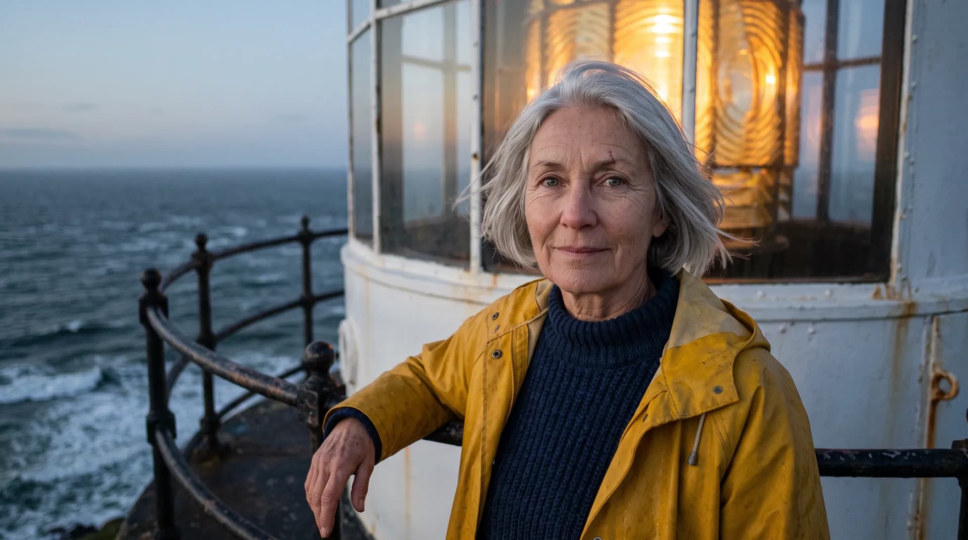 Ines, a lighthouse keeper in her sixties with a silver bob and a yellow oilskin coat, on the gallery of a lighthouse at blue hour with the lamp glowing behind her.