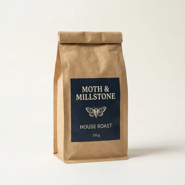 Reference 3: a kraft coffee bag with a navy label reading Moth & Millstone, House Roast, 250 g.