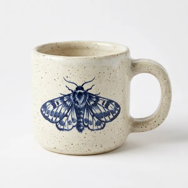 Reference 1: a speckled cream stoneware mug with a hand-painted navy moth.