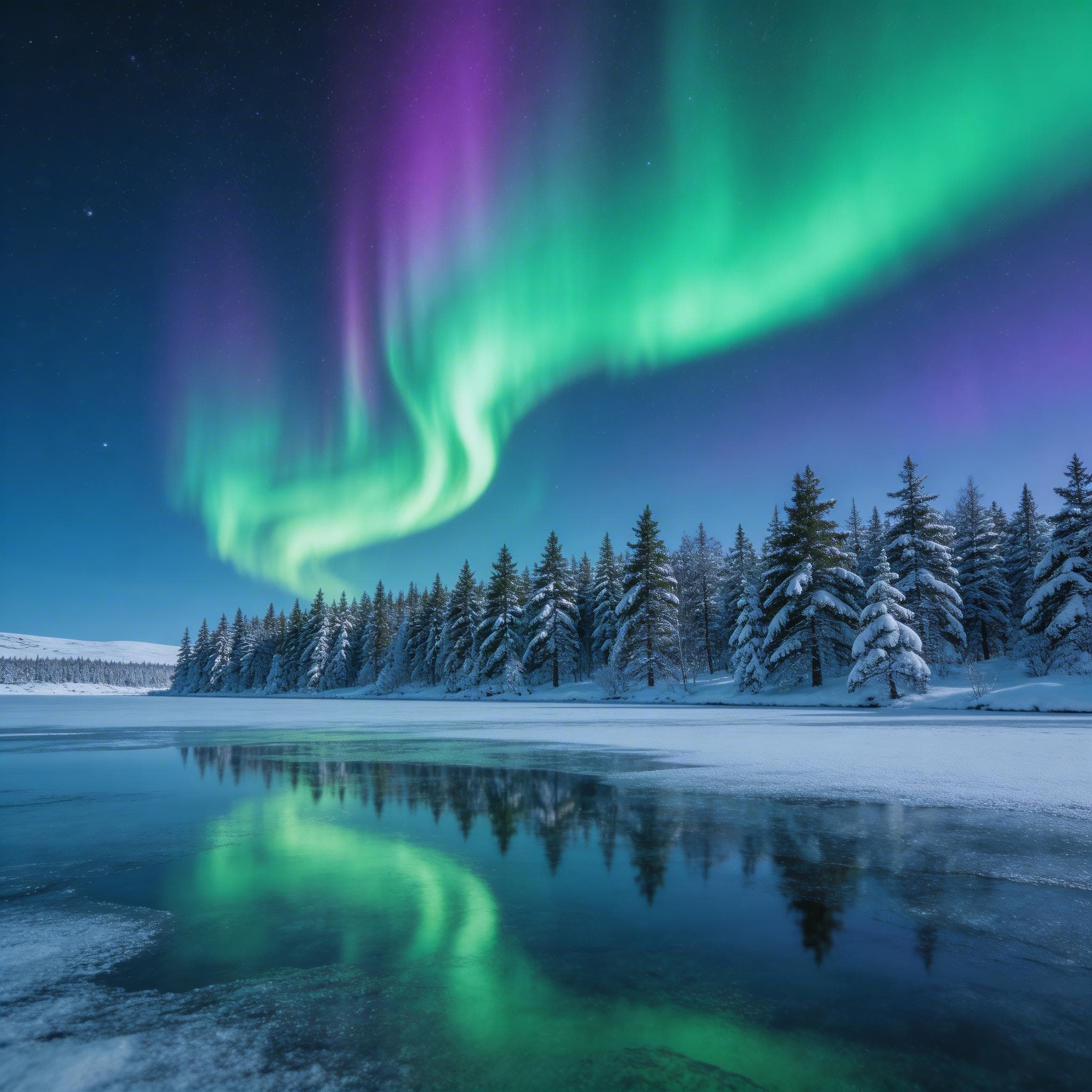 Northern lights aurora borealis over a snow-covered pine forest and frozen lake, long exposure night photography, Iceland, vivid green and purple sky