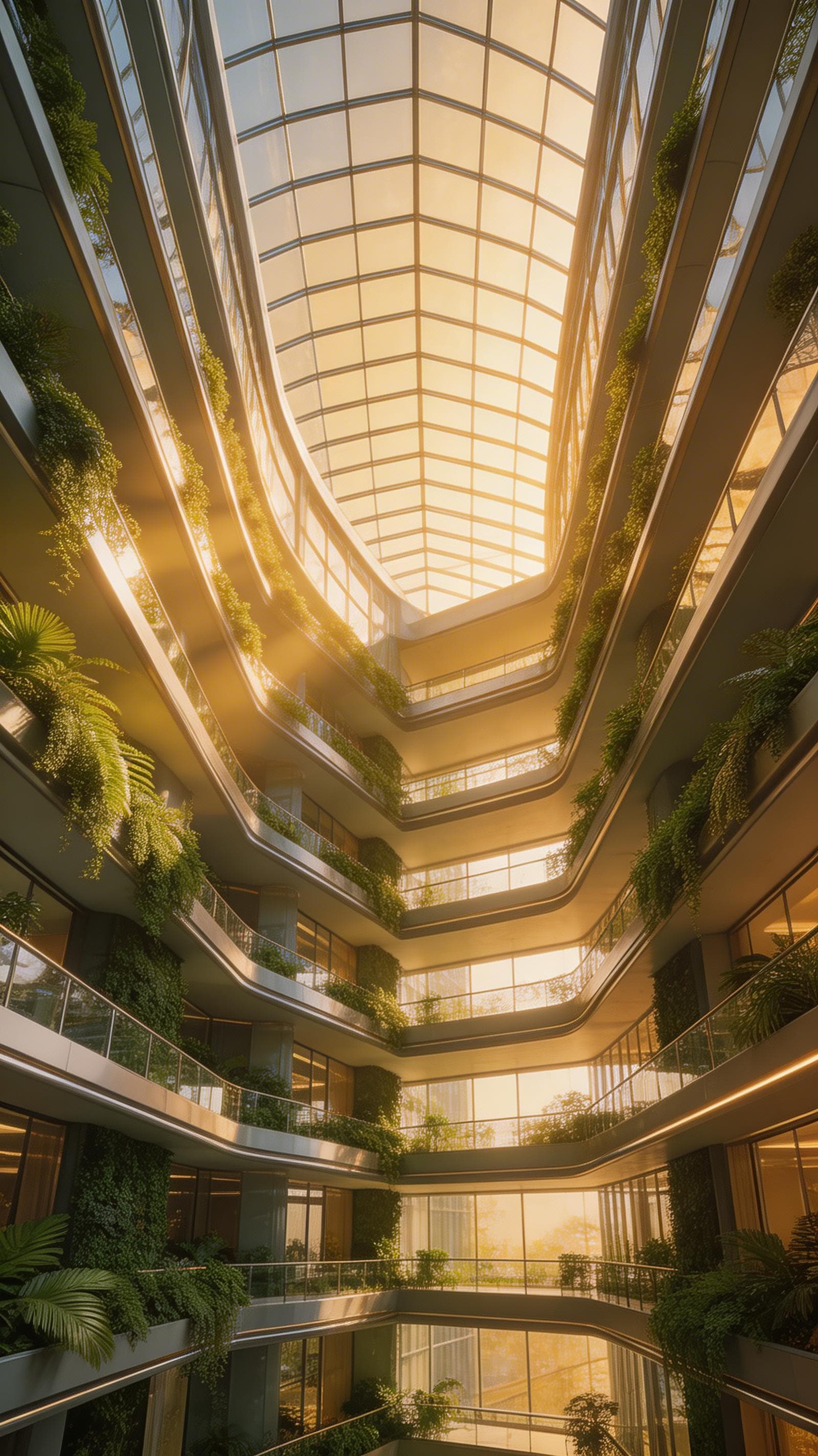 Futuristic skyscraper interior atrium, soaring glass ceiling, lush vertical gardens, warm golden light flooding in, architectural photography