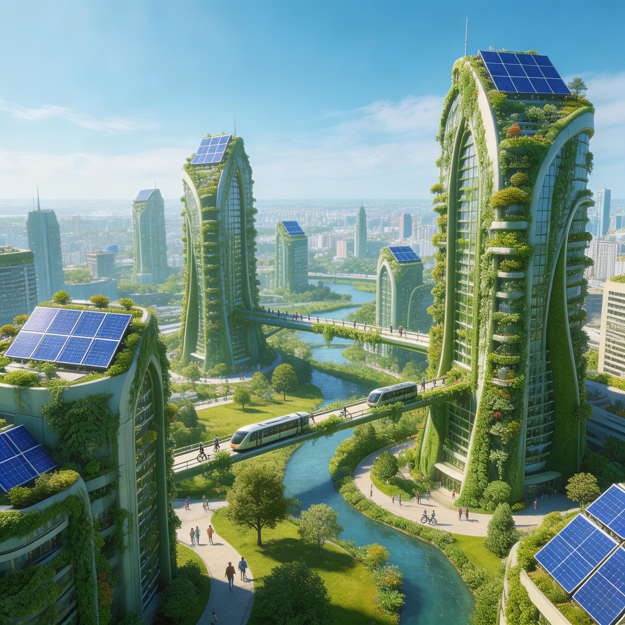 Solarpunk city with towering vertical gardens, solar panel rooftops, biopunk architecture, lush green vegetation, utopian future, wide establishing shot