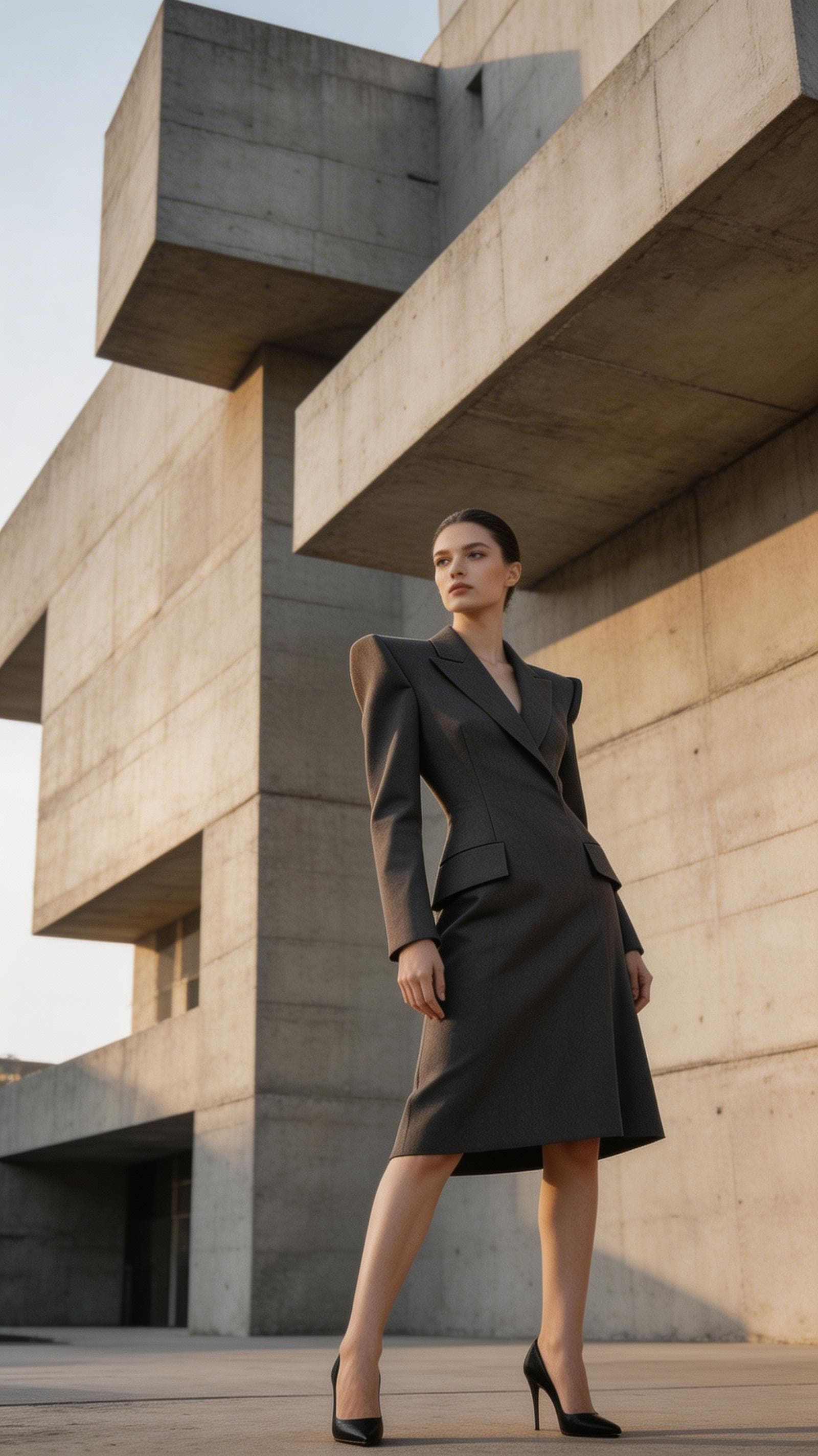 Luxury fashion editorial, model in avant-garde outfit, Tokyo street at night, cinematic film grain