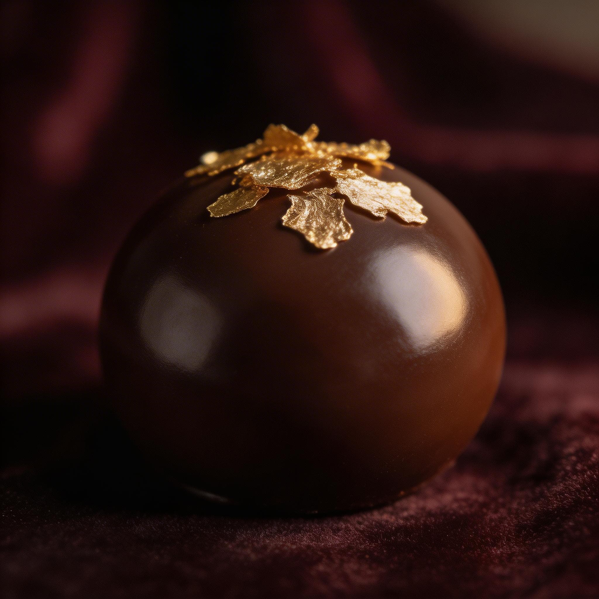 Michelin star gourmet dessert, dark chocolate sphere with gold leaf, velvet dark background, macro food photography, luxury dining