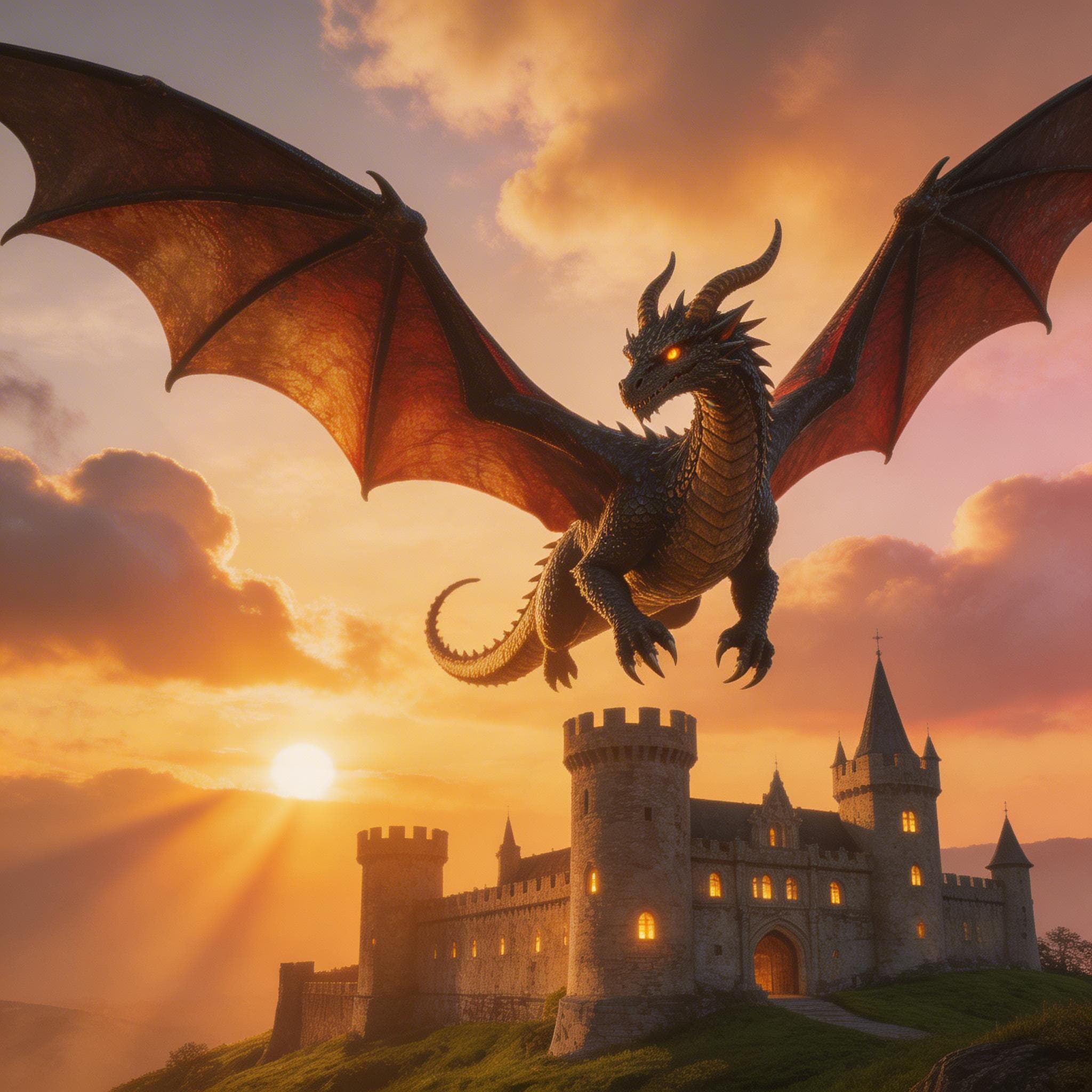 Epic dragon soaring over a medieval stone castle at golden sunset, volumetric clouds, dramatic cinematic lighting, hyperrealistic fantasy