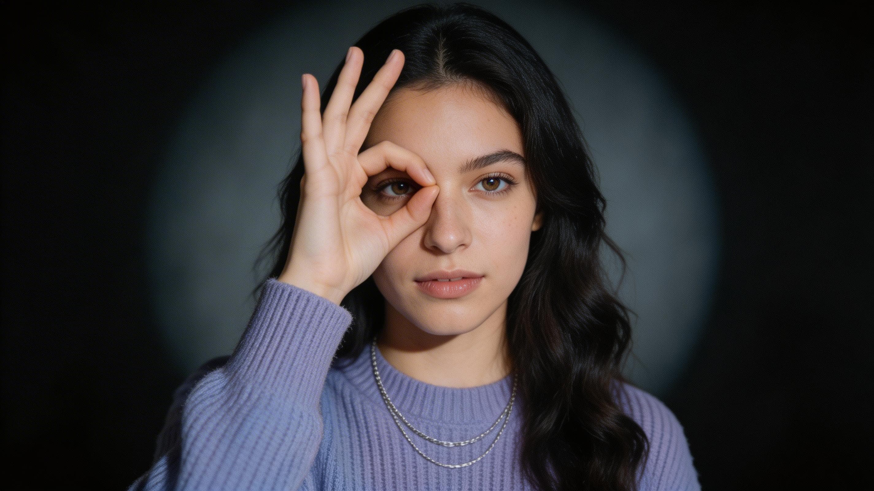 Young woman with dark hair making a hand gesture near her eye, lavender ribbed sweater, circular studio spotlight, editorial portrait photography