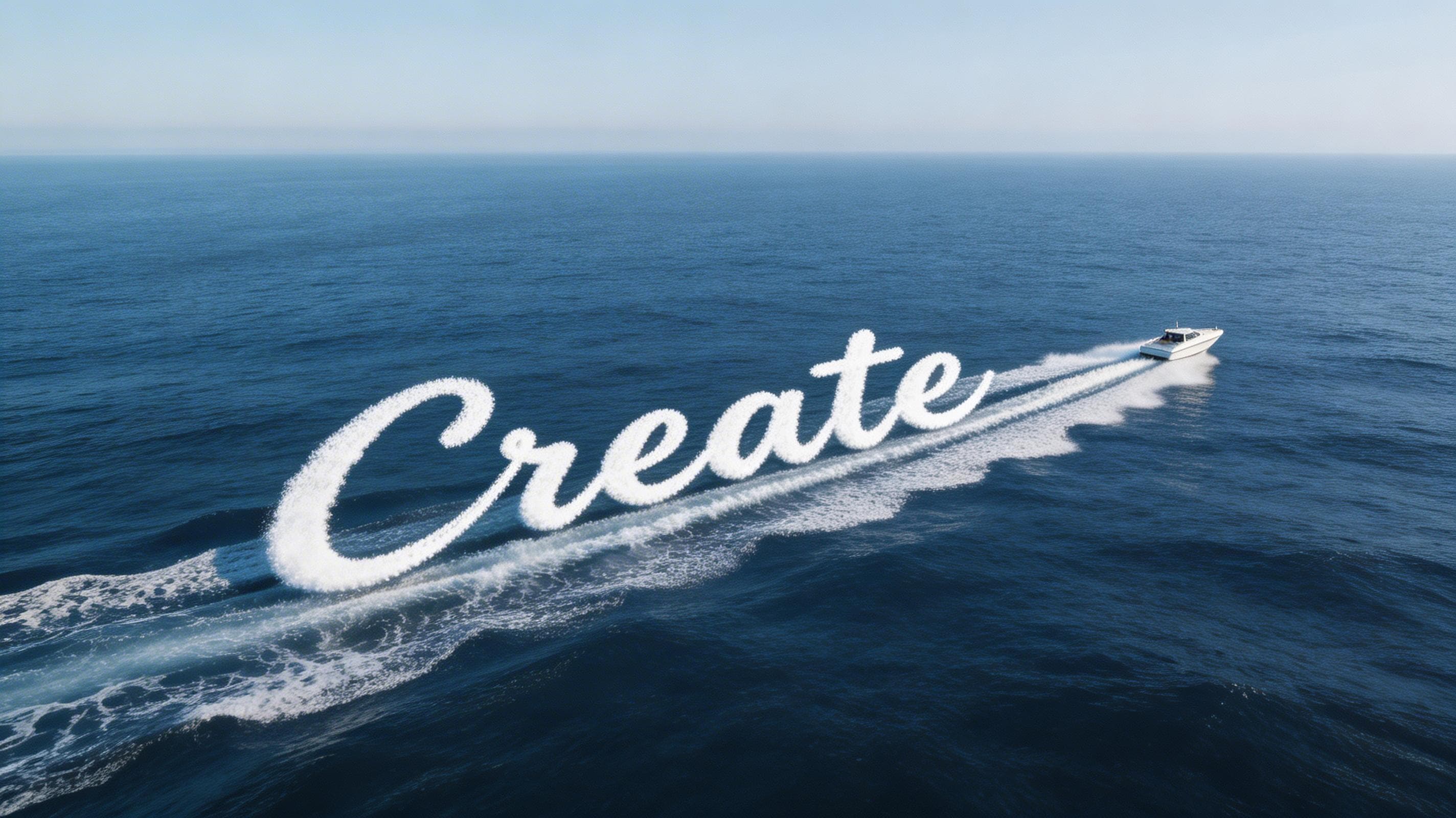 Aerial drone view of deep blue ocean, a speedboat wake trail forming the word Create in elegant cursive script across the water surface