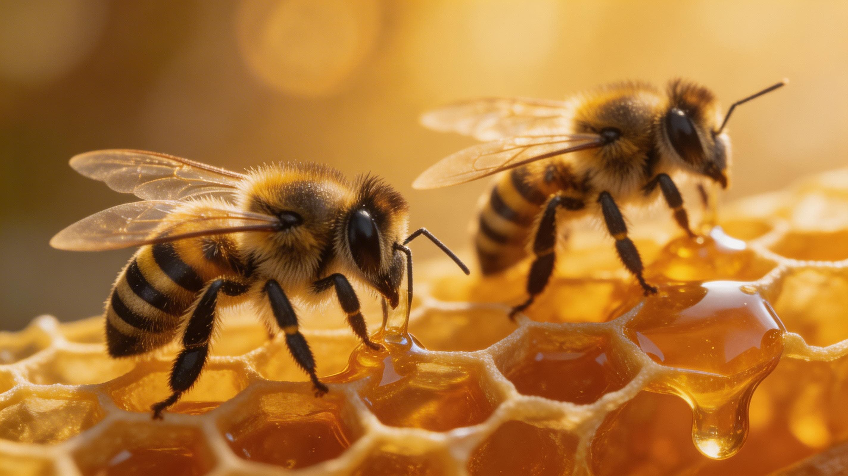 Extreme macro photography of honeybees on glistening golden honeycomb, ultra-detailed fuzzy bee bodies, translucent wings, warm amber light