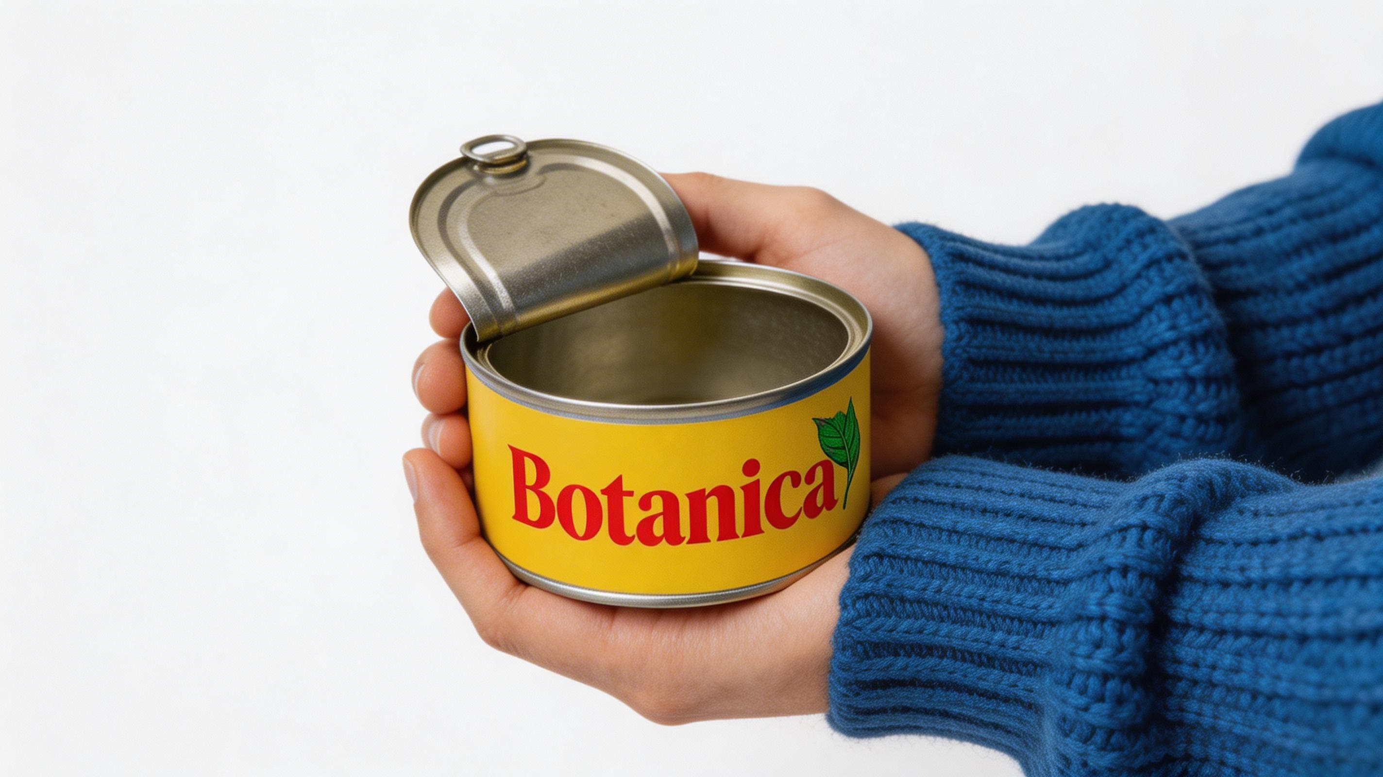 Hands in a cobalt blue chunky knit sweater holding an open vintage tin can with a bright label reading Botanica, sharp product photography