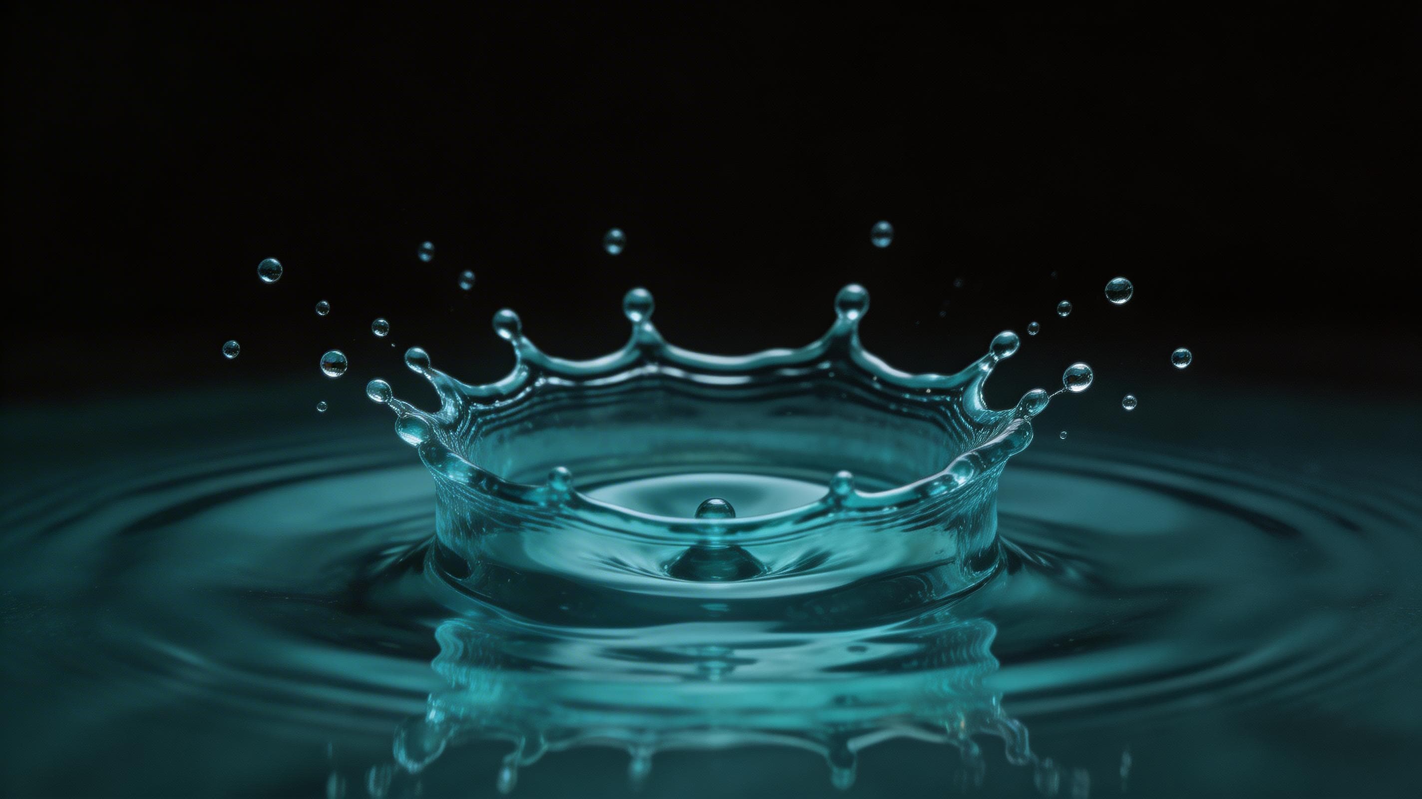 High speed photography of a water droplet impact creating a perfect crown splash in crystal clear blue water, microscopic detail, black background