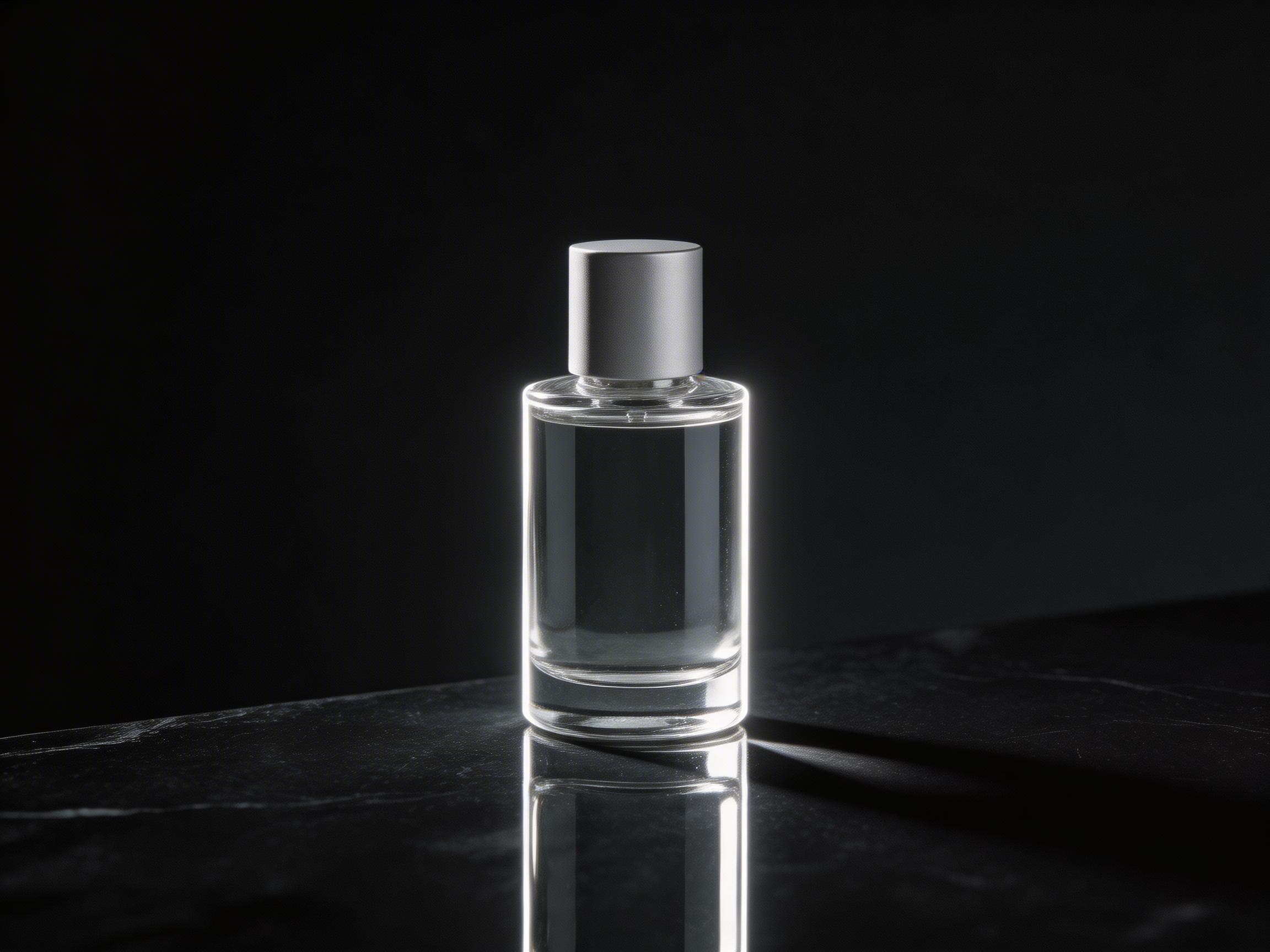 Ultra-detailed product shot: minimalist perfume bottle on a black obsidian surface, studio rim-lighting, 3K