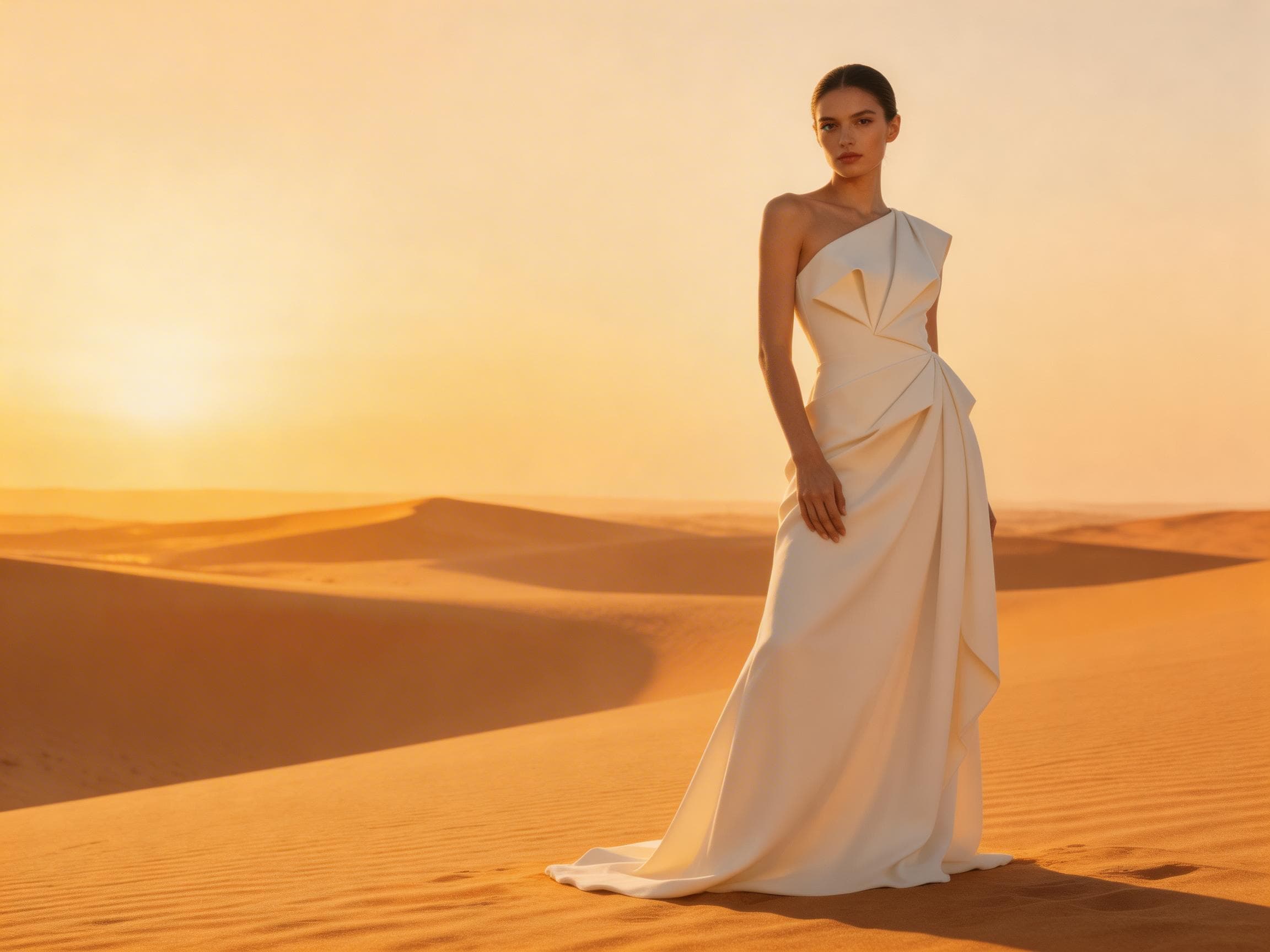 High-fashion editorial: model in sculptural white asymmetric gown, minimalist desert backdrop, Vogue lighting