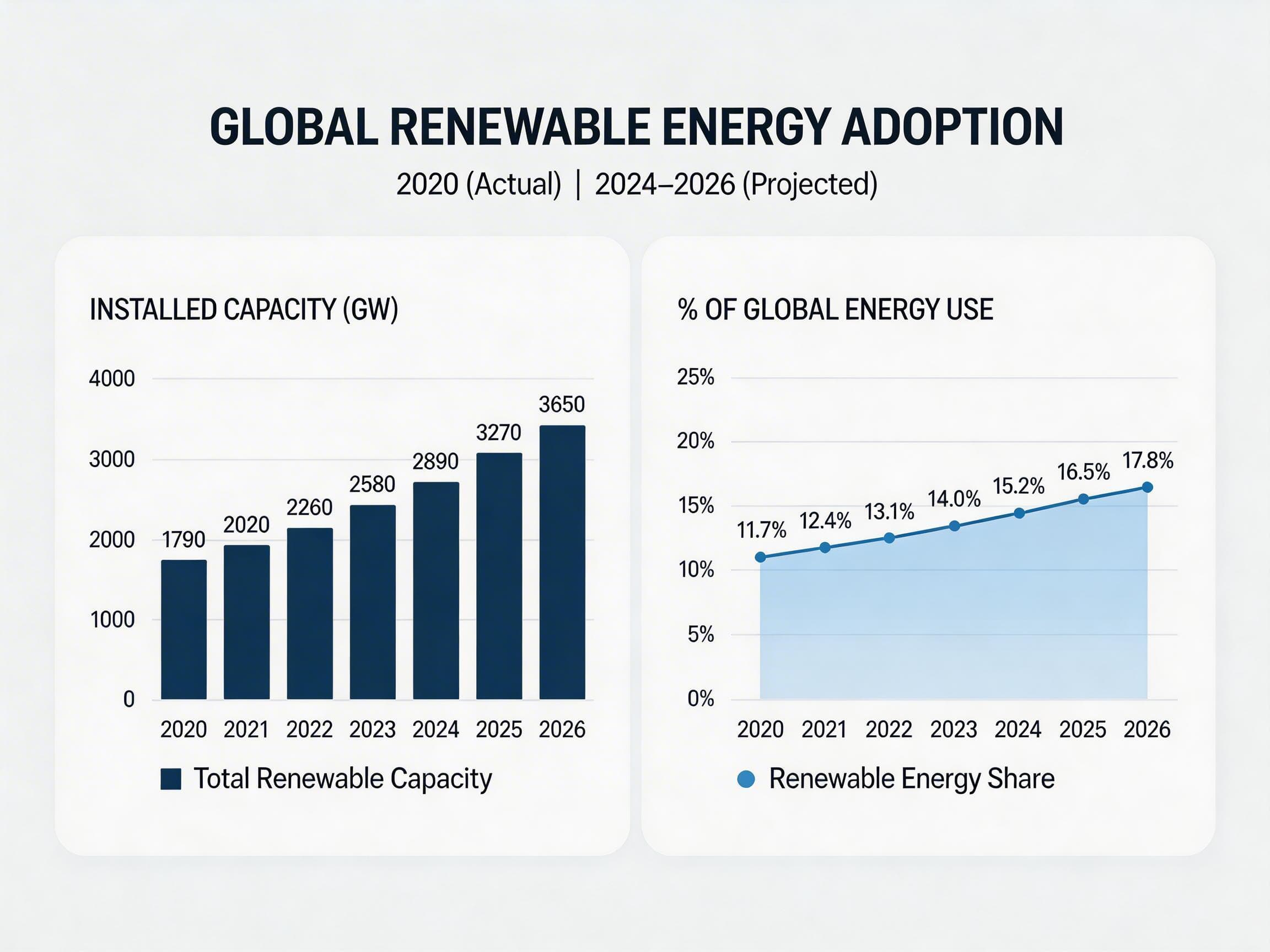 Infographic of global renewable energy adoption 2020–2026, data journalism style with clean charts