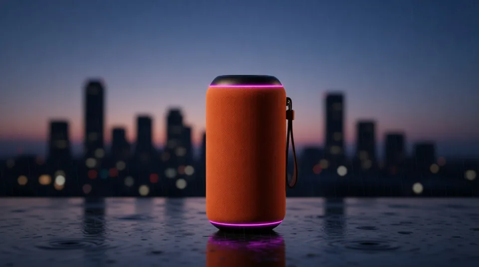The speaker on a wet rooftop against a dusk skyline