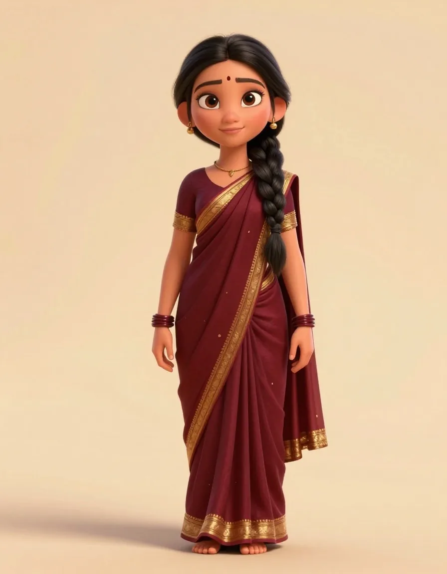 An animated girl in a maroon sari, full figure