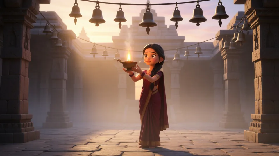Meera holding a lamp in a misty temple courtyard under hanging bells