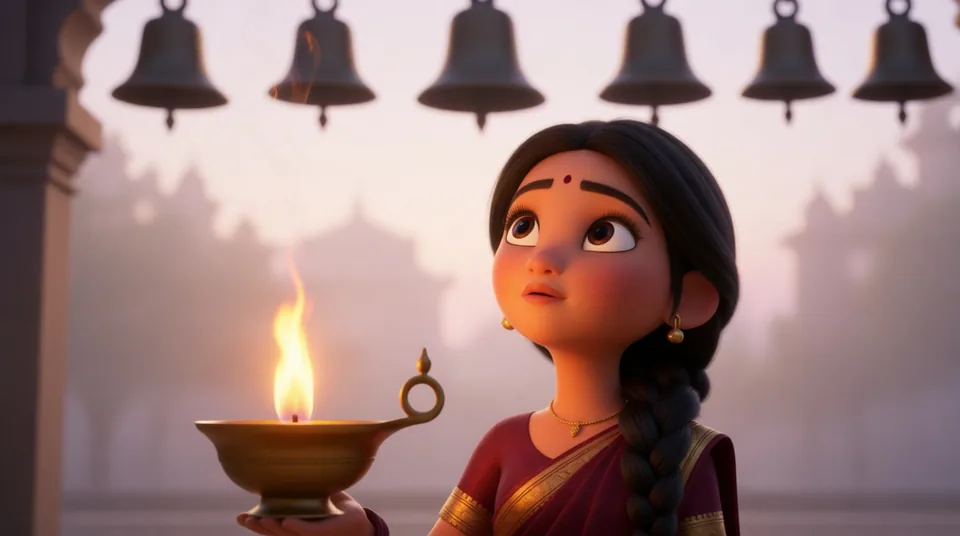 Meera looking up at the lamp flame, bells above