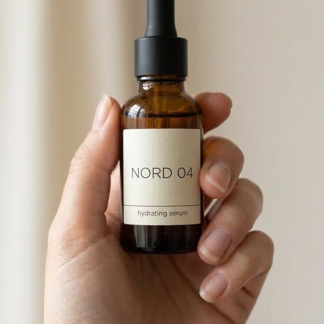The serum bottle held in a hand