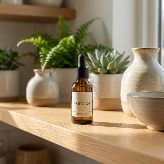 The serum bottle on a kitchen shelf